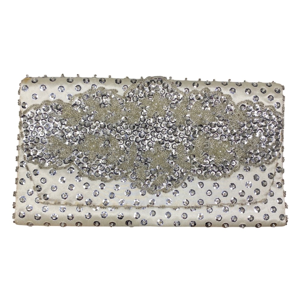 Vintage Handmade Cream Satin Beaded Sequin Floral Evening Clutch Bag Hong Kong